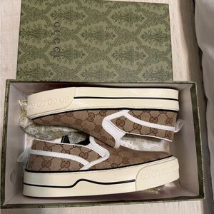 Gucci Beige and White Slip-On Shoes